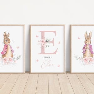Set of 3 Personalised Pink Floral Flopsy Bunny Rabbit Nursery Prints - Name Print - Girls bedroom decor - New Baby Gift - Baby Girl Nursery