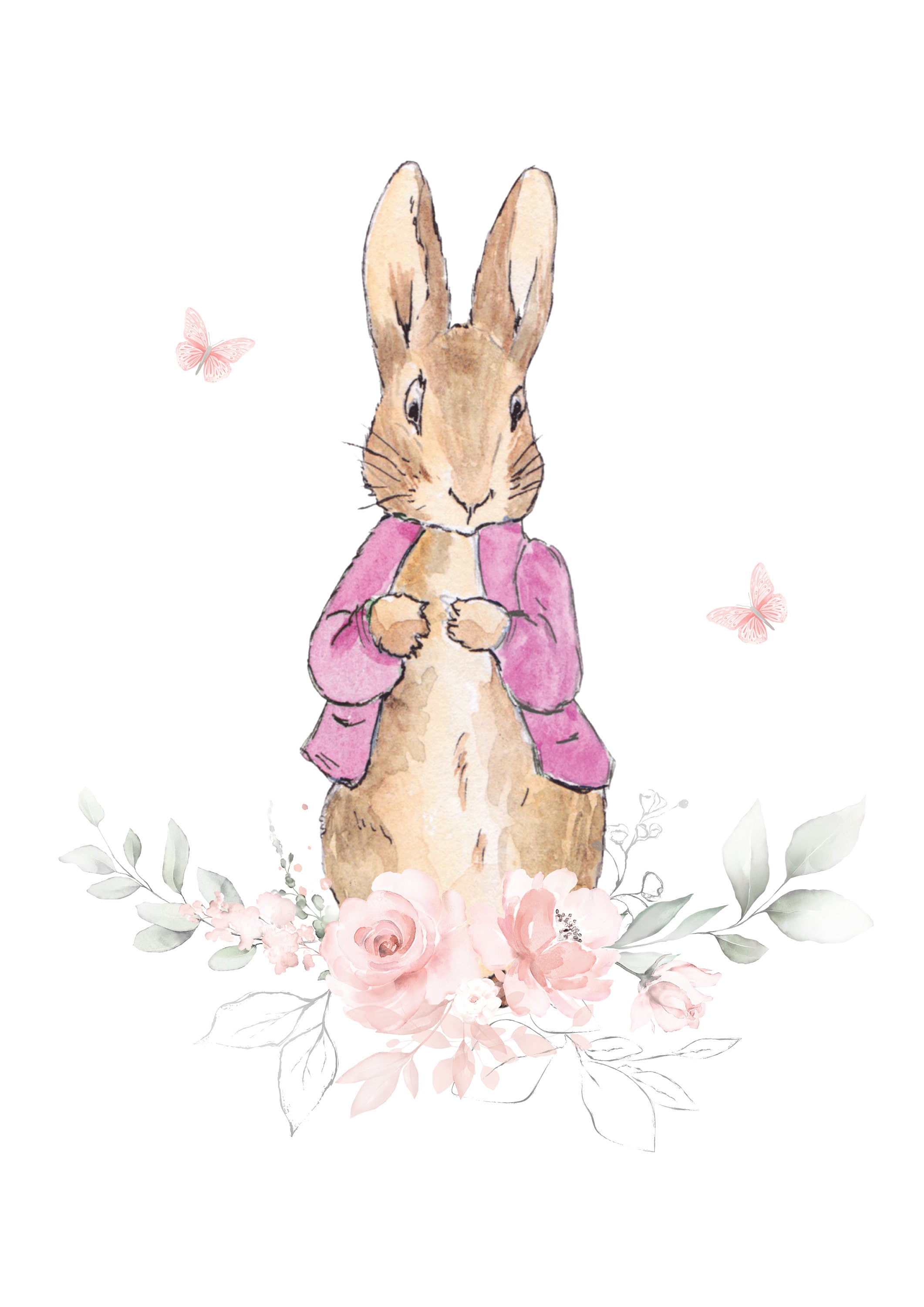 Set of 3 Personalised Pink Floral Flopsy Bunny Rabbit Nursery Prints ...