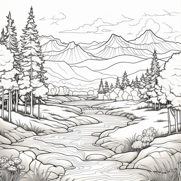 24 Printable Serene Landscapes Coloring Pages for Kids and Adults - Digital Download - PDF