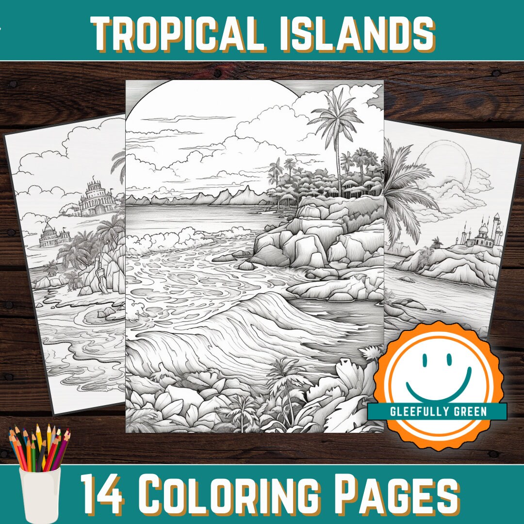 14 Tropical Island Sandy Beach Landscape Coloring Pages for Adults and ...