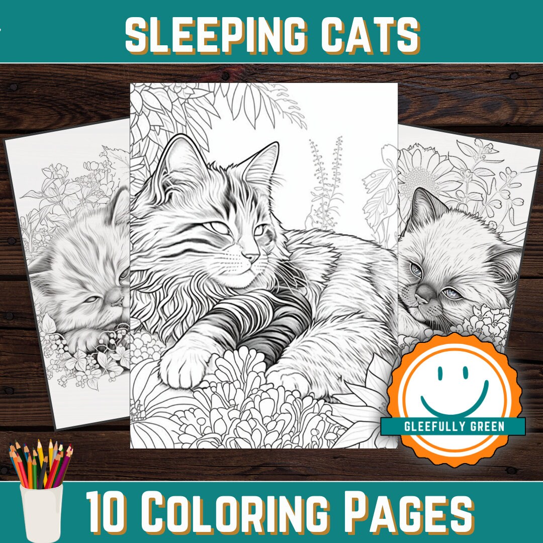 10 Cute Sleeping Cat Coloring Pages for Adults and Kids Digital Download Grayscale Coloring Book ...