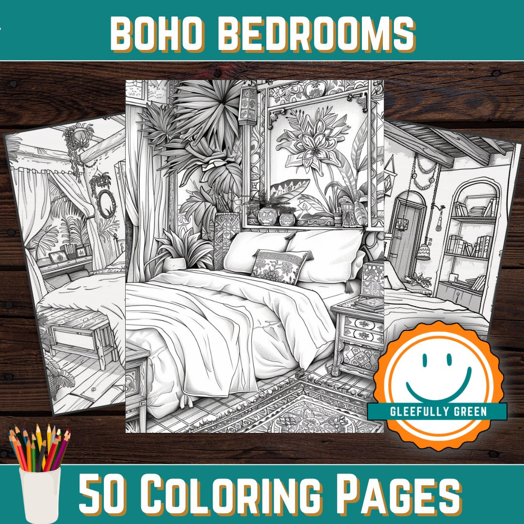 50 Boho Bedrooms Coloring Pages for Adults and Kids Digital Download ...