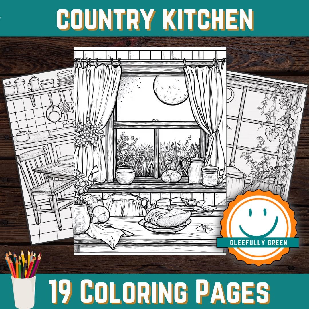 19 Country Kitchen Coloring Pages for Adults and Kids Digital Download Grayscale Coloring Book ...