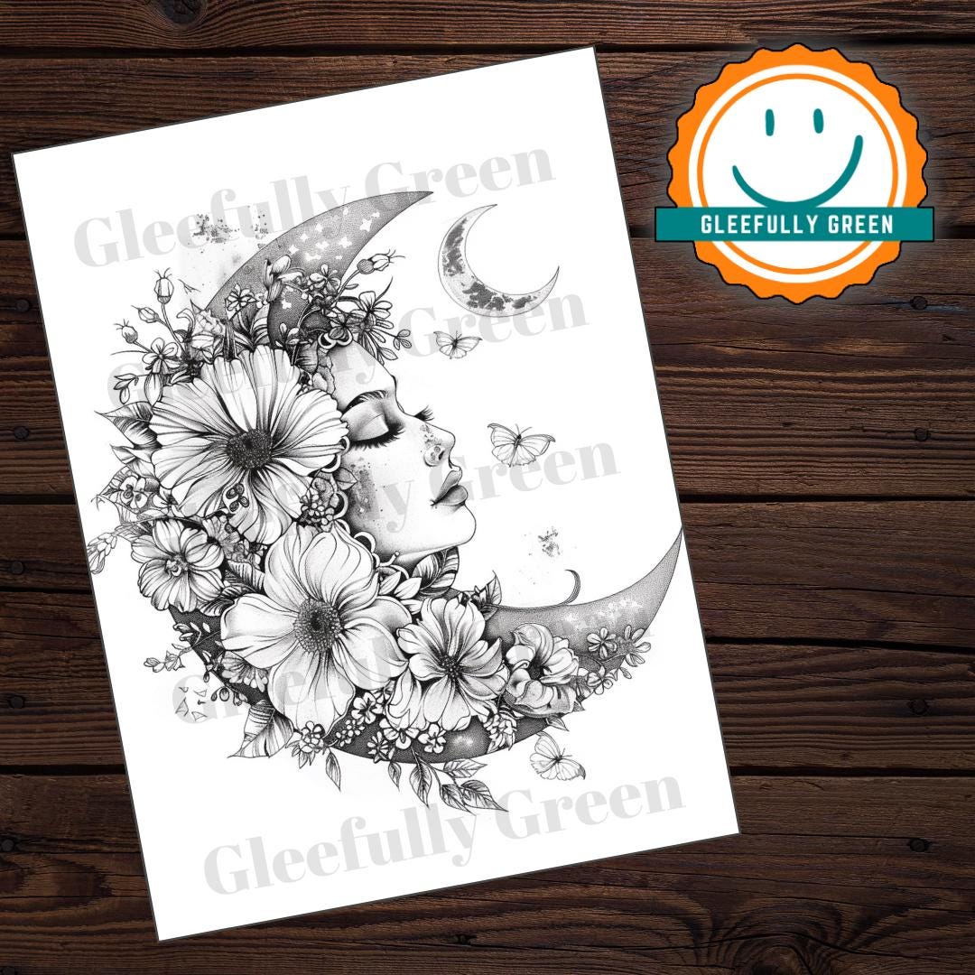 30 Floral Moon Coloring Pages for Adults and Kids Digital Download ...