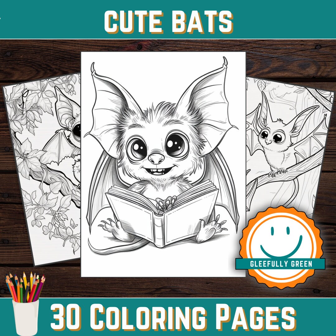 30 Cute Happy Bats Coloring Pages for Kids and Adults Digital Download ...
