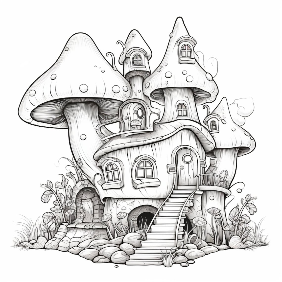 10 Mushroom House Coloring Pages Printable for Adults: Escape into a Whimsical World