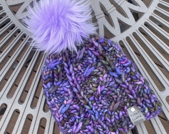 Handknit Merino Wool Beanie: Lavender Ombre, Faux Fur Pom Handknit Merino Wool Beanie: Lavender Ombre, Faux Fur Pom - Etsy main image 3