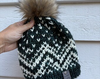 Alpine Merino Wool Knit Beanie: Green Tree Pattern, Faux Fur 