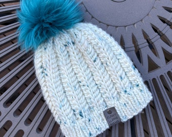 Handknit Merino Wool Beanie: White & Lavender Snowflake Hat with Faux Fur Pom Handknit Merino Wool Beanie: White & Lavender Snowflake Hat  main image 2