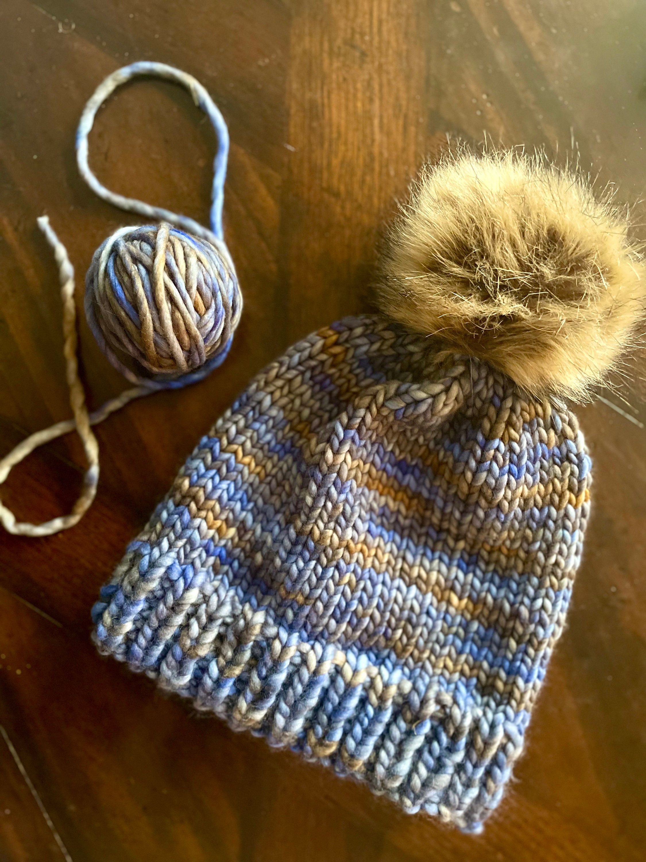 Handknit Merino Wool Beanie: Two-Tone Blue Ombre Hat with Faux Fur Pom Black beanie hat with blue and grey stripes and detachable  main image 3