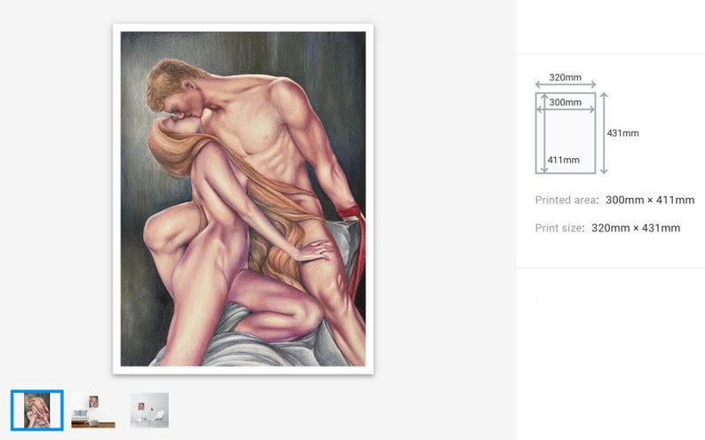 以下が含まれることがあります： 抱擁する2人のヌードを描いた鉛筆画のプリント。プリントサイズは320mm x 431mmで、印刷領域は300mm x 411mmです。このアートワークは、人間の解剖学的構造と、ある瞬間を詳細に示しています。