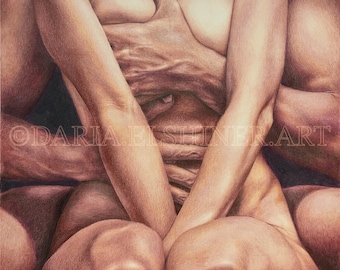 May include: A pencil drawing depicting multiple figures in a close embrace. The artwork features a warm color palette, with detailed rendering of skin tones and body forms. The composition suggests intimacy and connection, with arms and hands intertwined.