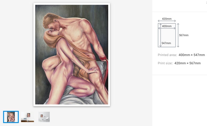 以下が含まれることがあります： 抱擁する2人のヌードを描いた鉛筆画のプリント。人物は男性と女性で、男性が女性にキスをしています。プリントサイズは420mm x 567mm、印刷領域は400mm x 547mmです。