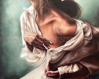 May include: A woman in a white shirt with a loose, flowing fabric. The shirt is unbuttoned, revealing her bare shoulders and chest. The woman's hand is reaching up towards her neck, as if she is adjusting the shirt. The background is a soft, muted green.