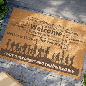 Welcoming Doormat, Multi-Language Home Entrance Mat, Inspirational Quote Door Mat, Housewarming Gift, Immigrant Welcome Rug,