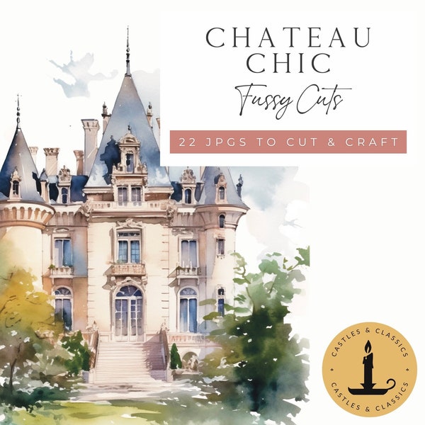 French Chateau Fussy Cuts | Watercolor Castle Chateaux | Vintage Junk Journal  | Castles of France | JPG Instant Digital Download