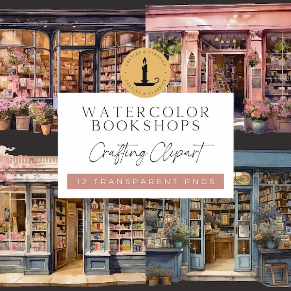 Watercolor Bookshops Clipart Blue Watercolor Bookshop Pink Vintage Bookish Book Lover Light Academia Clip Art PNG Instant Digital Download