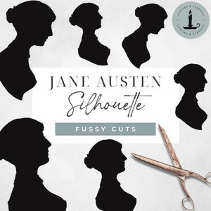 Retrato de silueta de Jane Austen Fussy Cuts / Orgullo y prejuicio / Pegatinas imprimibles / Descarga instantánea / Fussy Cut / Diario basura