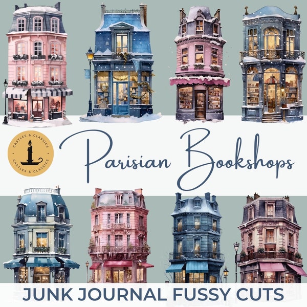 Parisian Bookshop Fussy Cuts Blue Watercolor Paris Bookshops Vintage Bookish Junk Journal  Book Lover JPG Instant Digital Download Print