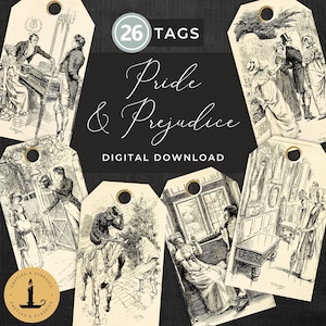 Pride and Prejudice vintage cadeaukaartjes, C.E. Brock-illustraties, digitale download, Jane Austen, literaire ephemera, DIY-tags, thuis afdrukken