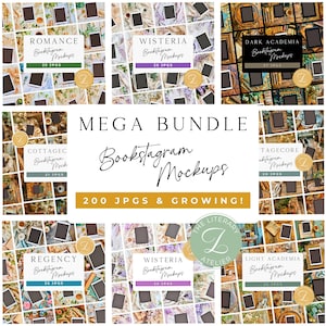 Puede incluir: Un collage de imágenes con diferentes maquetas de bookstagram. Las maquetas están dispuestas en una cuadrícula y presentan una variedad de fondos, incluidos patrones florales, texturas de madera y libros antiguos. El texto "MEGA BUNDLE Bookstagram Mockups 200 JPGS & GROWING!" se muestra en el centro del collage.