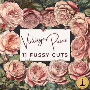 Vintage blush roses fussy cuts floral ephemera bundle pink flower fussy cut blush rose junk journal instant digital download scrapbook print