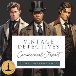 Clipart de uso comercial de detectives vintage, dibujos animados de hombres, ilustración, detectives victorianos, descarga digital instantánea, PNG transparente