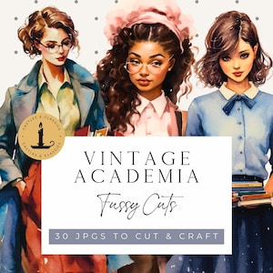 Recortes vintage de Academia / Estudiantes a la moda en acuarela / Recortes de diario basura para estudiantes amantes de los libros / Descarga digital instantánea en formato JPG