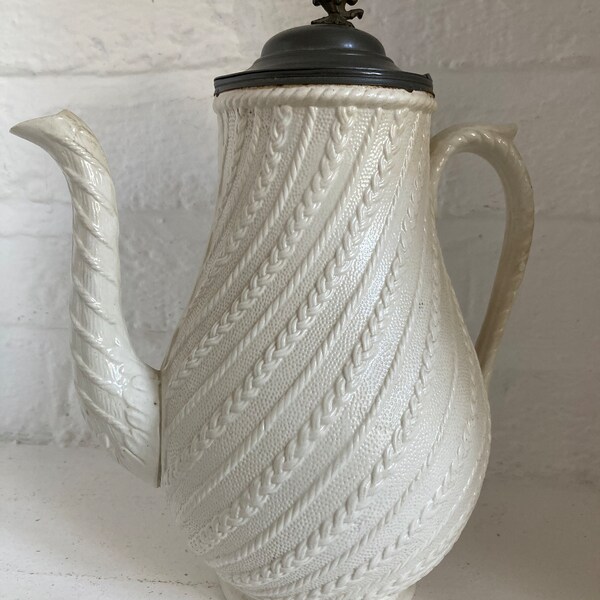 Antique Salt Glazed Coffee Pot with Pewter Lid, 1870s, Rare cream rope pattern, Stunning Coffee Pot. Victorian Coffee pot, English Saltware