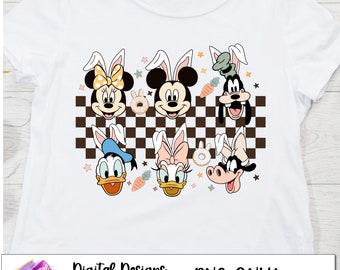 May include: A digital design featuring six cartoon characters with bunny ears. The characters are Mickey Mouse, Minnie Mouse, Donald Duck, Daisy Duck, Goofy, and Pluto. The characters are arranged in a checkered pattern with pastel stars and carrots.