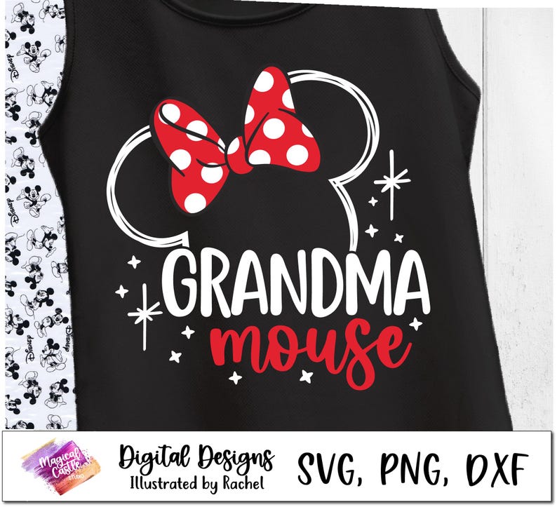 May include: Black tank top featuring a white and red graphic of Minnie Mouse ears and a bow. The text "Grandma Mouse" is written in white and red letters.