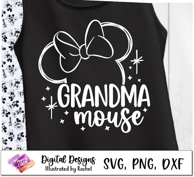 May include: Black tank top with a white silhouette of Mickey Mouse ears and a bow. The text "Grandma Mouse" is written below the ears.
