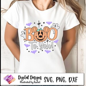 Boo to You SVG-shirt, Mickey-pompoen SVG, Oogie Boogie Bash, Halloween-pompoen SVG, spoken, vleermuizen, magisch kasteel, magische muizenoren, DXF, PNG afbeelding 2