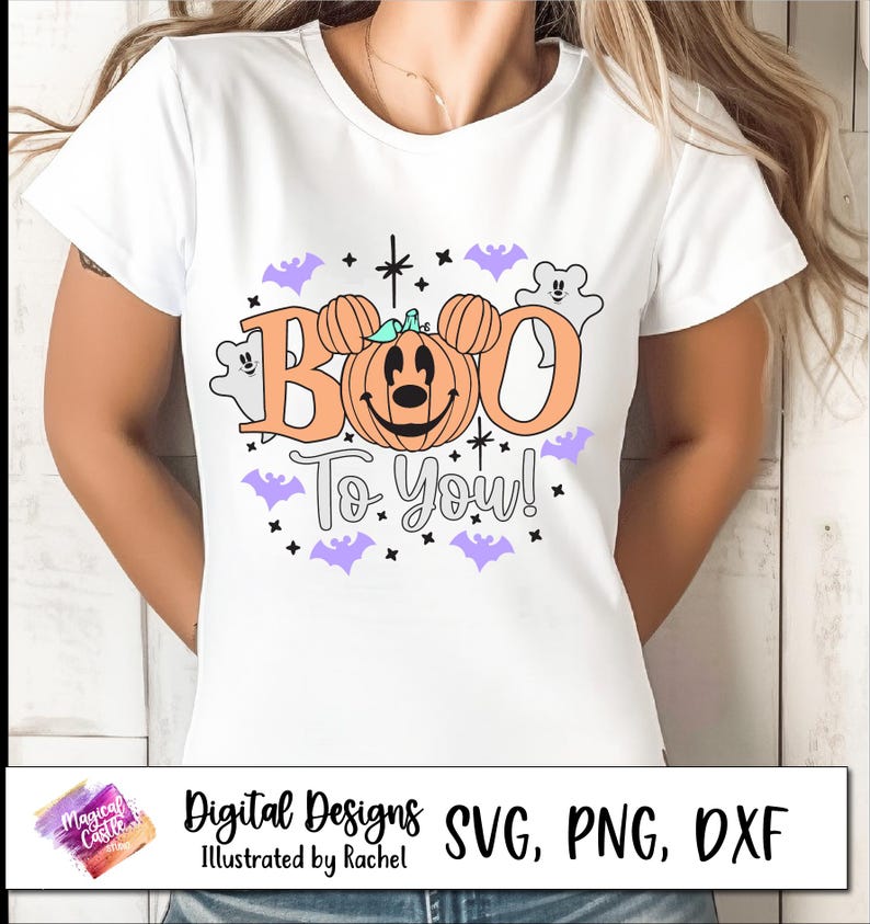 Boo to You SVG-shirt, Mickey-pompoen SVG, Oogie Boogie Bash, Halloween-pompoen SVG, spoken, vleermuizen, magisch kasteel, magische muizenoren, DXF, PNG afbeelding 2