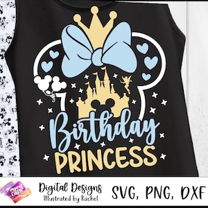 May include: Black tank top with a light blue bow, crown, and castle design. The text reads "7 Birthday Princess" in light blue and yellow. White Mickey Mouse balloons and stars complete the design. Digital designs for SVG, PNG, and DXF files.