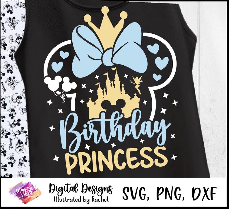 May include: Black tank top with a light blue bow, crown, and castle design. The text reads "7 Birthday Princess" in light blue and yellow. White Mickey Mouse balloons and stars complete the design. Digital designs for SVG, PNG, and DXF files.