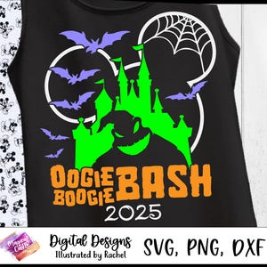 ウーギー・ブギー・バッシュ 2025 SVG、トリック・オア・トリート メインストリート、マウスハロウィーン SVG、不気味な城 SVG、マウスゴースト SVG、カットファイル SVG、DXF、PNG