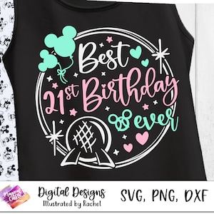 Op de afbeelding: Zwart tanktop met een wit cirkelvormig ontwerp met een Mickey Mouse-silhouet, ballonnen, sterren en de tekst "Best 21st Birthday Ever".