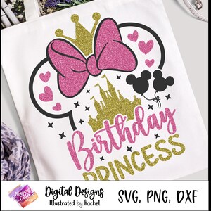 May include: White tote bag featuring a pink glitter bow, gold crown, and a gold castle design. The words "Birthday Princess" are in pink and gold glitter. Black Mickey Mouse balloons and hearts complete the design.