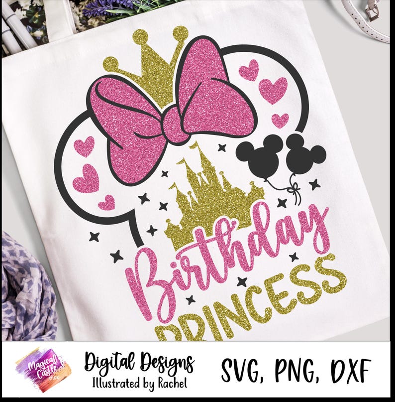 May include: White tote bag featuring a pink glitter bow, gold crown, and a gold castle design. The words "Birthday Princess" are in pink and gold glitter. Black Mickey Mouse balloons and hearts complete the design.