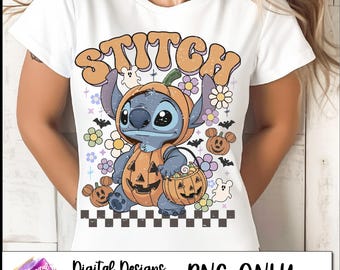 Camiseta de Halloween de Stitch PNG, disfraz de calabaza de Stitch, truco o trato en la calle principal, Halloween retro, Stitch coqueta Halloween PNG, espeluznante