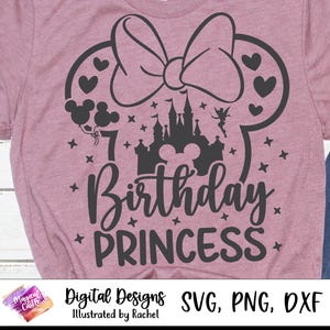May include: A mauve t-shirt featuring a black graphic design. The design includes a bow, Mickey Mouse ears, a castle, and the words "7 Birthday Princess." Additional text at the bottom reads "Digital Designs SVG, PNG, DXF Illustrated by Rachel."