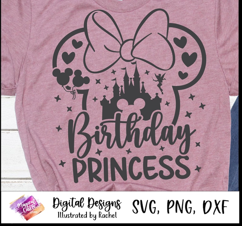 May include: A mauve t-shirt featuring a black graphic design. The design includes a bow, Mickey Mouse ears, a castle, and the words "7 Birthday Princess." Additional text at the bottom reads "Digital Designs SVG, PNG, DXF Illustrated by Rachel."