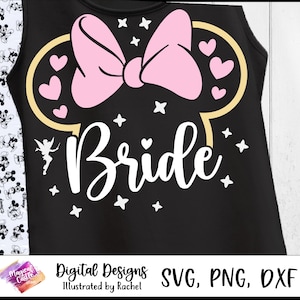 Puede incluir: Camiseta sin mangas negra con un diseño de lazo y corazón rosa, con la palabra "Bride" en escritura blanca. El diseño incluye estrellas y un hada. La parte inferior de la imagen tiene el texto "Digital Designs Illustrated by Rachel SVG, PNG, DXF".