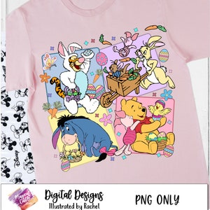 Puede incluir: Un diseño digital con Winnie de Pooh y sus amigos, Tigger, Piglet y Eeyore, vestidos con atuendos de Pascua. Los personajes están rodeados de huevos de Pascua, zanahorias y flores. El diseño es perfecto para crear camisetas, tazas, bolsas de mano y otros productos.