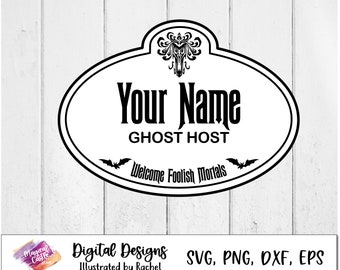 Archivo de corte de etiqueta de nombre láser, insignia de miembro del elenco de Ghost Host, vector de etiqueta de nombre personalizado, etiqueta de bienvenida a Foolish Mortals, archivo de corte de Cricut, etiqueta de nombre personalizada
