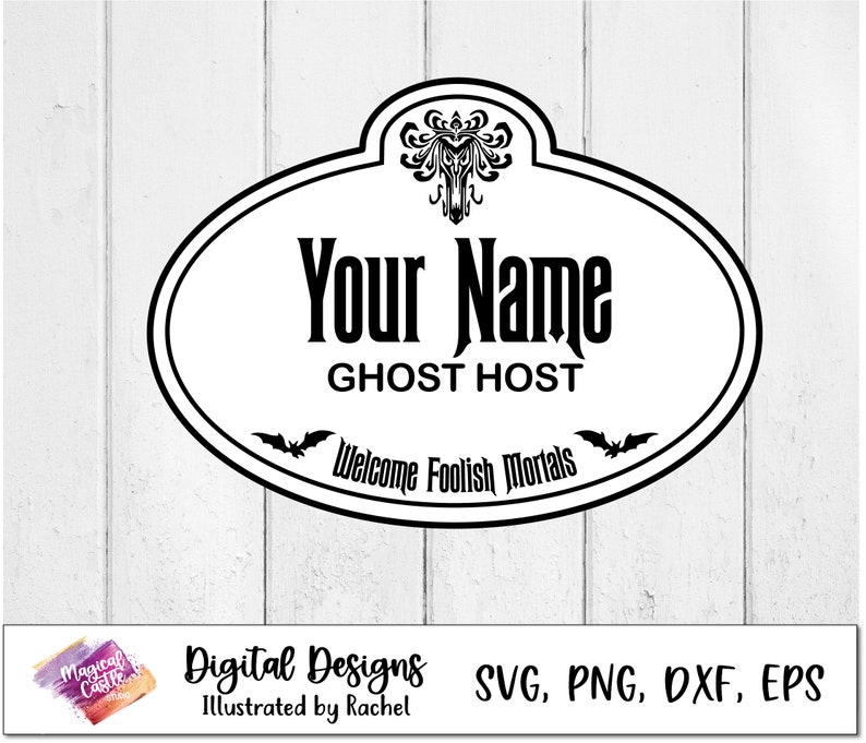 Może przedstawiać: Czarno-biały owalny znak z napisem "Your Name" i "GHOST HOST". Znak zawiera r&oacute;wnież frazę "Welcome Foolish Mortals" i sylwetki nietoperzy. Jest to projekt cyfrowy.