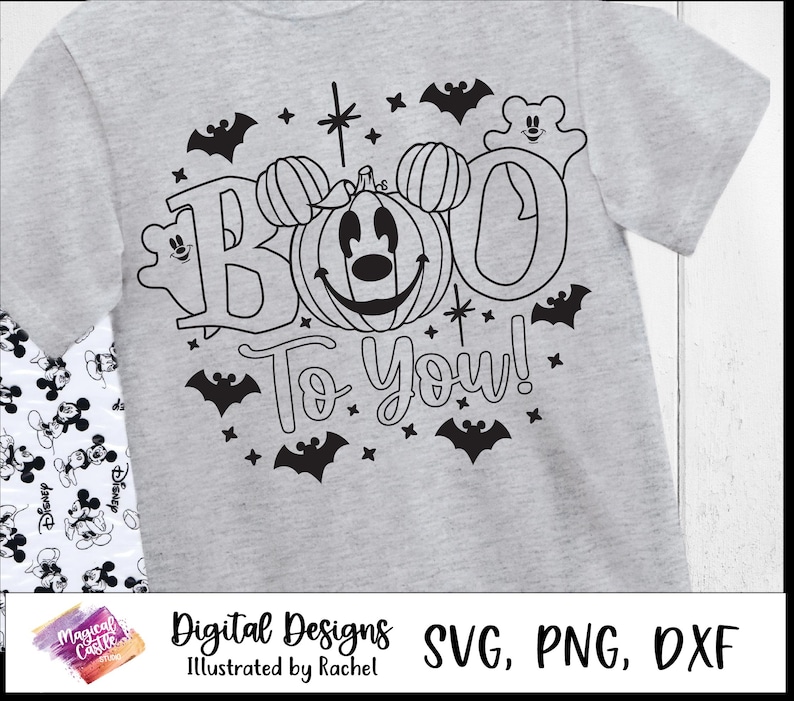 Boo to You SVG-shirt, Mickey-pompoen SVG, Oogie Boogie Bash, Halloween-pompoen SVG, spoken, vleermuizen, magisch kasteel, magische muizenoren, DXF, PNG afbeelding 5