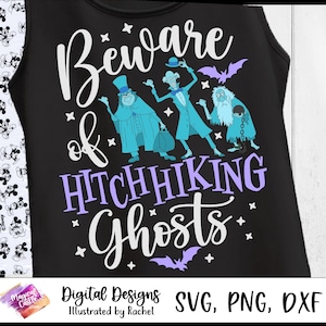 May include: Black vest top with the text "Beware of Hitchhiking Ghosts" in white and purple, and illustrations of three blue cartoon ghosts. The design includes bats and stars.
