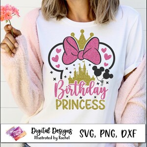 May include: White t-shirt with a pink glitter bow, gold glitter crown, and a gold glitter castle design. The text "Birthday Princess" is in pink and gold glitter. The shirt also has black Mickey Mouse silhouettes and hearts.
